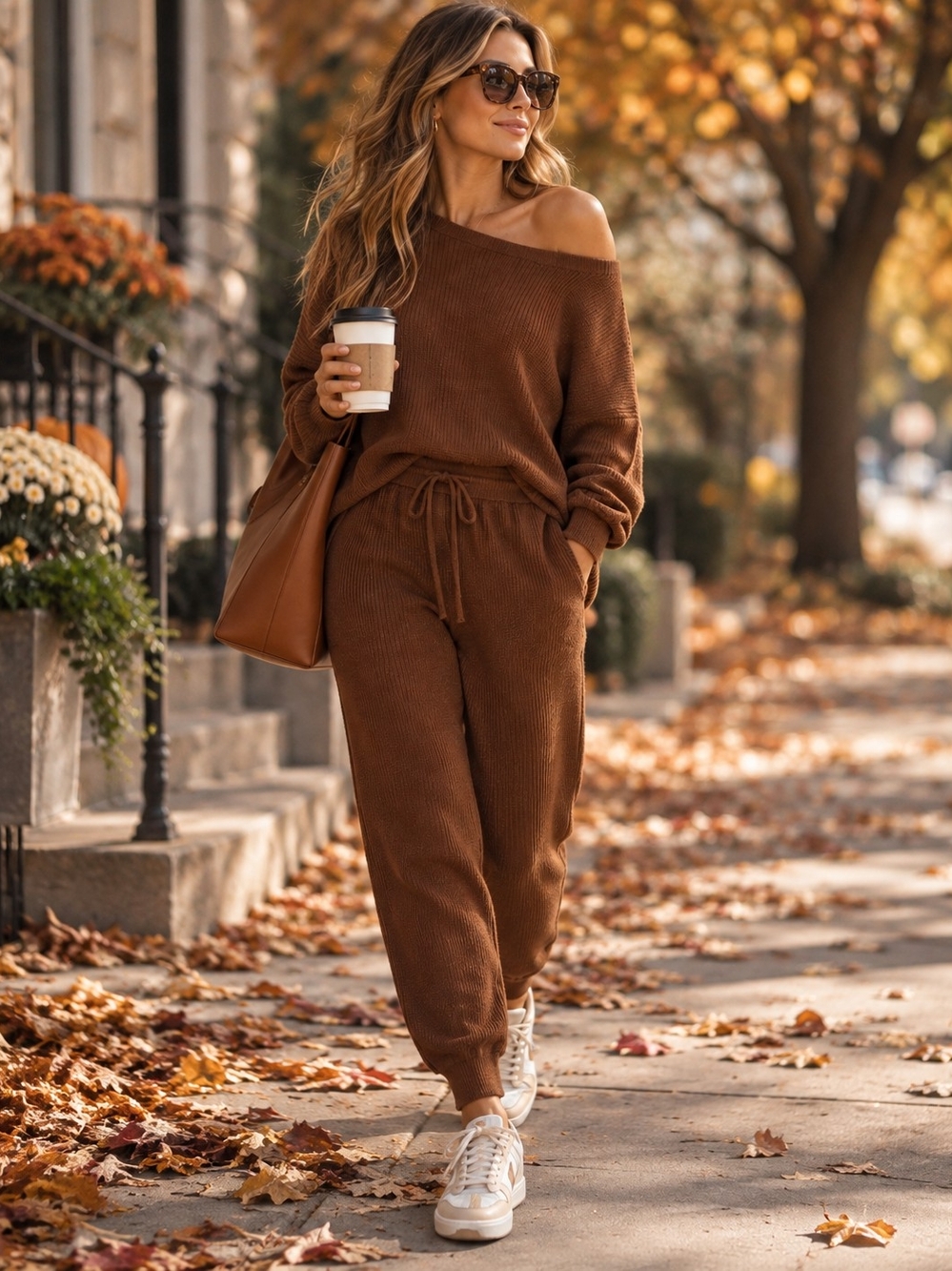 Cozy Off-Shoulder Knit Joggers Set - Brown